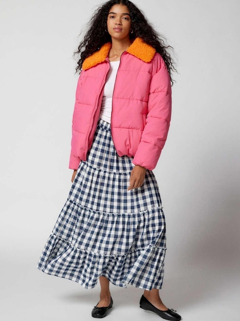Urban Outfitters Hot Pink Puffer Jacket with Orange Sherpa Trim